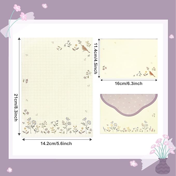 37 Pcs Stationery Paper Envelopes Set Includes 24 Lined Writing Paper & 12 Envelopes with 48 Round Stickers, Cute Bear Flower Cat Letter Writing and Stationery Paper Envelopes(4Style)