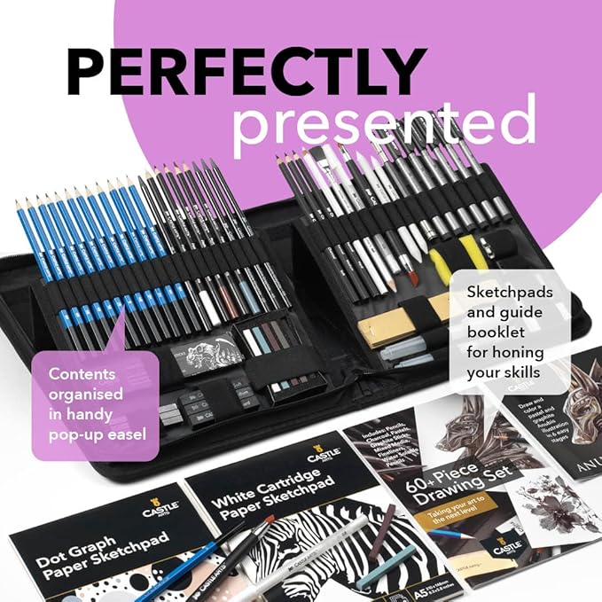 Castle Art Supplies 60 Piece Drawing & Sketching Set | Quality Graphite, Charcoal, Pastel, Water Soluble Pencils + Sticks, Fineliners | for Professional and Adult Artists | in Carry-Anywhere Zip Case