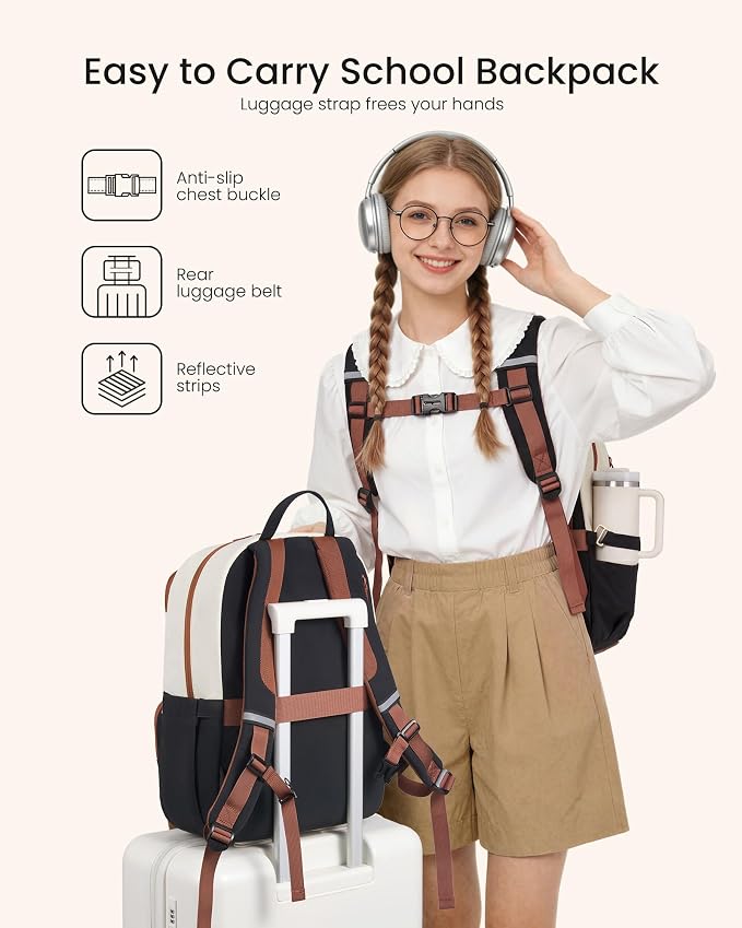 LOVEVOOK School Backpack for Teen Girls,Women Laptop Backpack with Water Bottle Holder,Lightweight Work Bag College Bookbag,Teacher Nurse bag,Beige-Black-Brown