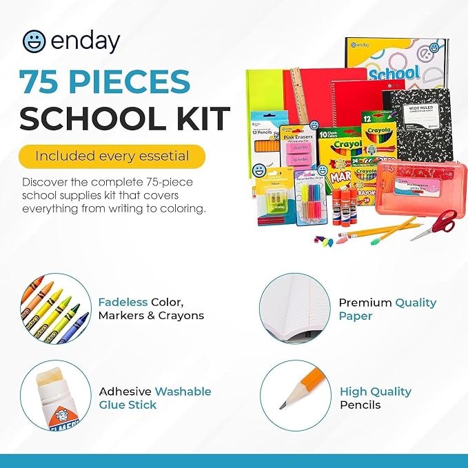 Enday Back to School Supplies Kit - Grades K-5, 83 Piece Back to School Supplies Kit, Kindergarten School Supplies Kids for Girls & Boys (100 Kits)