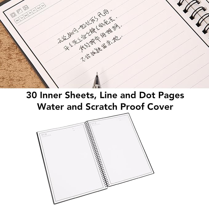 Reusable Smart Notebook, Spiral Binding Water Proof Cover with 30 Sheets Horizontal Line Dot Pages, Notebook Office Products for Note Taking Brainstorming