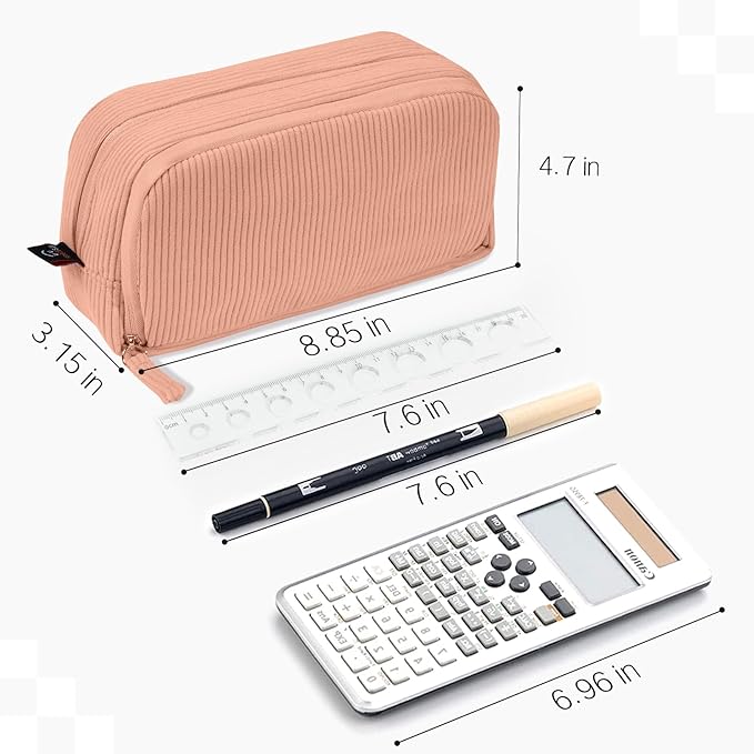 Sooez Big Capacity Pencil Case Pen Pouch, Soft Corduroy Pencil Bag with 3 Compartment, Multiple Pockets, Sturdy Zipper, Cute School Supplies Pen Bag Organizer For Teen Girls College-Orange