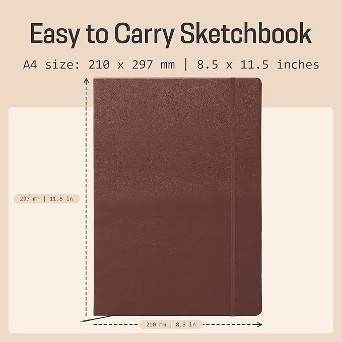 BROWNSTONE JOURNALS A4 Sketch Book Hardcover - 80 Sheets 100 GSM Paper 8.5"x11.5", Lay Flat, Vegan Leather Cover, Elastic Band, Back Pocket, Art Drawing Book (Chestnut Brown)