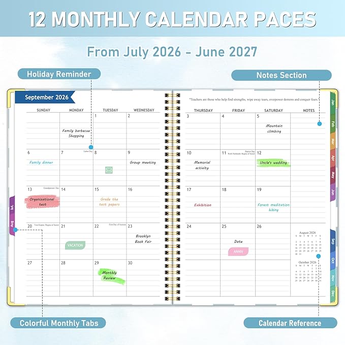 Teacher Planner 2026-2027, Jul 2026-Jun 2027 Academic Year, 8.5" x 11" Lesson Planner Book for Teacher Calendar, Spiral Bound Planners, Colorful Monthly Tabs, Planning Stickers, BlueCheckered