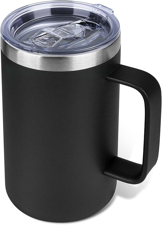 22oz Insulated Coffee Mug with Handle & Leak-Proof Lid - Double Wall Stainless Steel Travel Tumbler for Commute/Office/Home, Black, 1 Pack