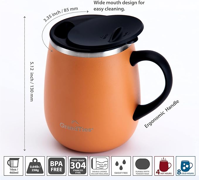 GRANDTIES Insulated Coffee Mug with Handle - Sliding Lid for Splash-Proof 16oz Wine-Glass Shape Thermal Tumbler with Double Walled Vacuum Stainless Steel to Keeps Beverages Hot or Cold-Carrot