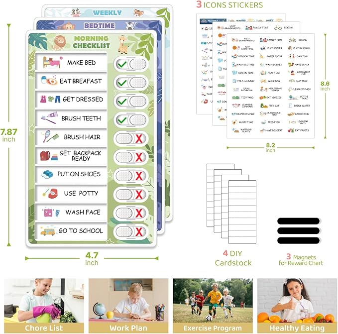3 in 1 Bedtime/Morning/Weekly Zoo Routine Chart for Kids, Magnetic Chore Chart for Toddlers, Visual Schedule for Kids Toddlers Schedule Board for Home