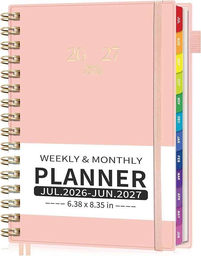 EMSHOI Academic Planner 2026-2027, Weekly and Monthly Calendar (July 2026 - June 2027), School Student Teacher Agenda Book, 100GSM Paper, PVC Cover, Colorful Tabs, A5 (6.38" x 8.35"), Pink