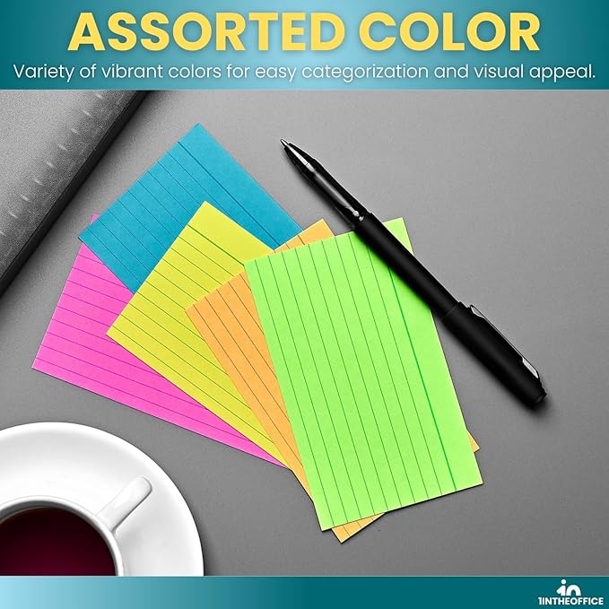 1InTheOffice Colored Index Cards 3x5, Ruled Neon Index Cards, Assorted, 600 Pack