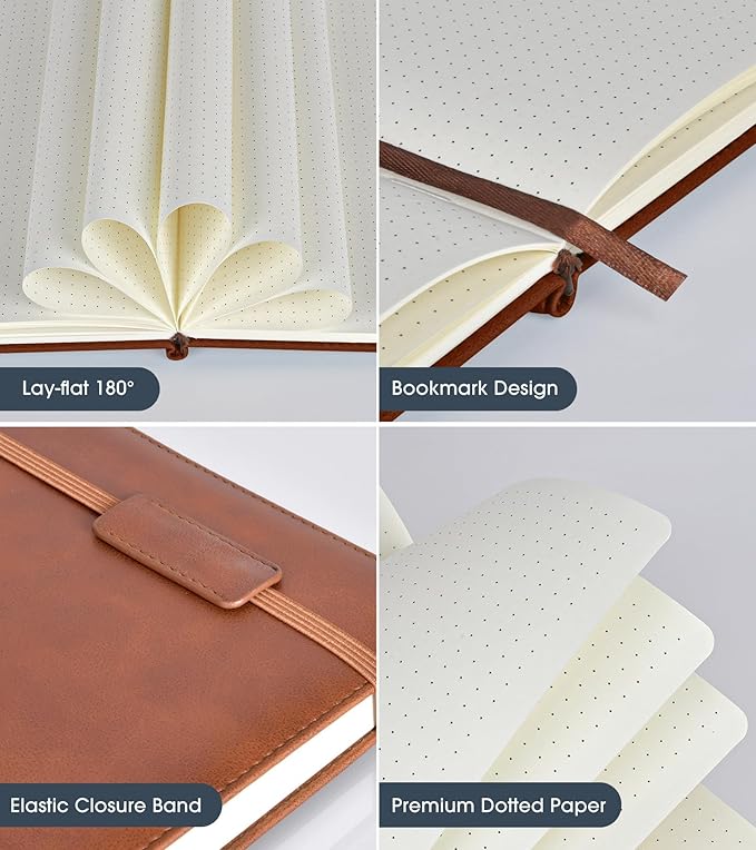 Biuwory Dotted Journal Notebook for Women Men, 140 Pages Hardcover Dot Grid Notebooks for Work, School & Travel, Leather Journals for Writing, Bullet Journaling 5.7"×8.3" (Brown)