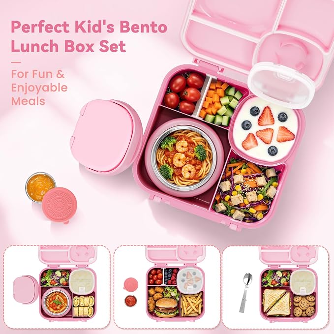 wiwens Kids Bento Lunch Box with Soup Thermo Food Lunch Container for Kid | 4 Compartment Leak-Proof Kids Lunch Box,9oz Stainless Steel Insulated Hot Food Jar,for Boys Girls Toddler to School Travel