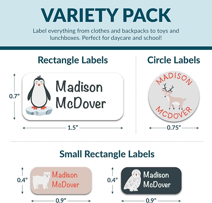 Personalized Waterproof Name Labels for Kids | Optional Packs 50, 150, 230 Labels | Custom Name Stickers for Kids' Clothing Tag, Water Bottle, Lunch Box, Customize Kid Name Label for Daycare Polar