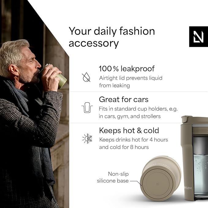 LARS NYSØM Thermo Coffee Mug to go 17oz | Travel Mug 0.5 Liter with Insulation | Silicone grip base | Leak Proof Stainless Steel Tumbler for Coffee and Tea on the Go (Powder Taupe Brown, 17oz)