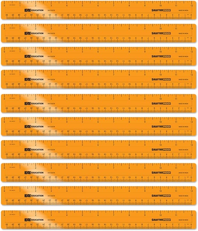 EAI Education 12" ShatterProof Ruler 1/8" Scale: Orange - Set of 10