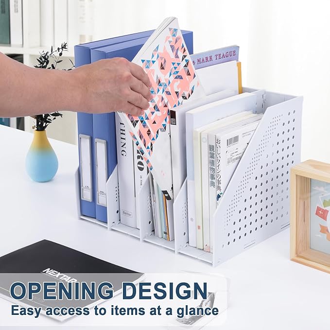 FRETONBA Collapsible Magazine File Holder with 4 Vertical Compartments Foldable Binder Holder for Desk Binder Storage Organizer Plastic Magazine Holders for Shelf, Light Gray