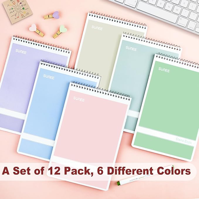 SUNEE 12 Pack Steno Pads 6x9 Inch, Gregg Rule, 60 Sheets, 6 Assorted Color Top Spiral Notebook, White Paper for School, University, College, Work and Office