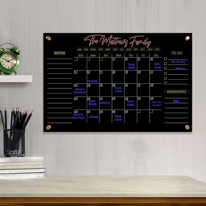 Black Acrylic Calendar Dry Erase for Wall, Family Planner, Monthly Calendar Dry Erase Whiteboard for Home, Office, 24" x 16"Reusable White Board（(Acrylic-BK-4060)