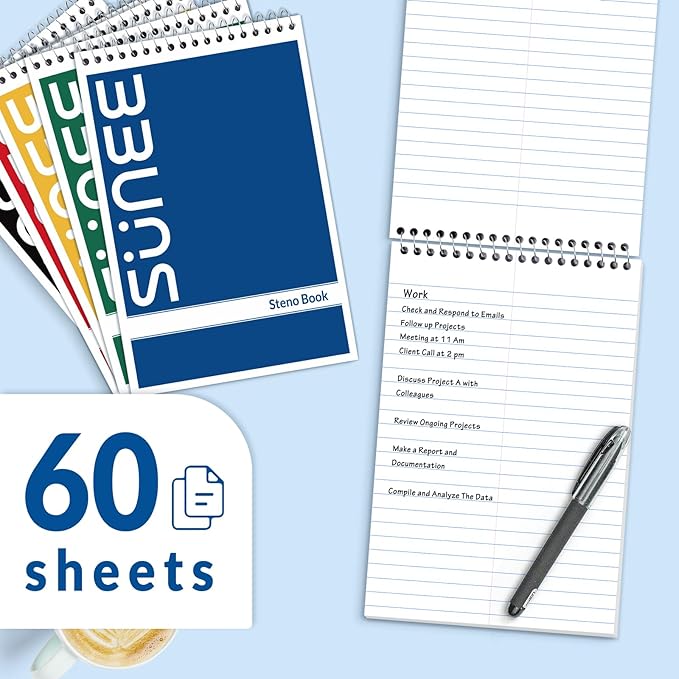 SUNEE Steno Pads 6x9 5 Pack, Gregg Rule, 60 Sheets, White Paper, Take Notes with Top Spiral Notebook, for School, University, College, Work, Office, Classic Color