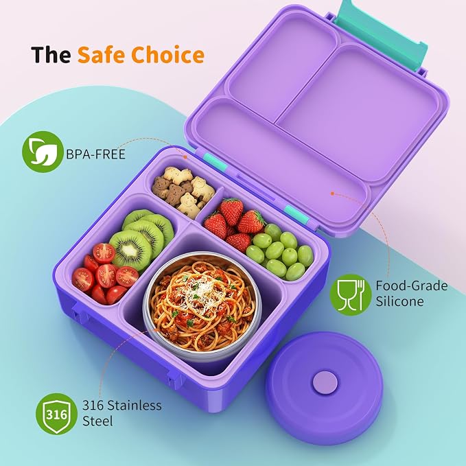 Bento Box for Kids, Lunch Box with Sticker for School | DIY Sticker Fun, Quick Lunch Packing, 4-Compartment Design, Insulated Food Jar, BPA-Free, Leak-Proof