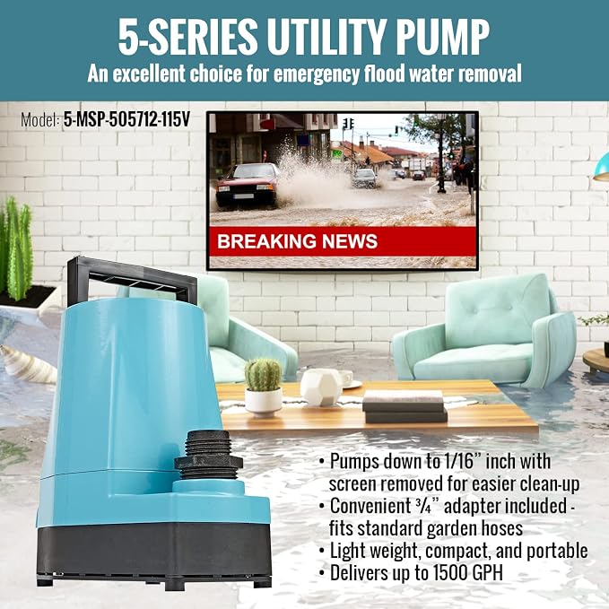 Little Giant 5-MSP 115V, 1/6 HP, 1500 GPH Manual Utility Pump, 25' Cord | Manual Submersible Utility Pump, 1500 GPH, Aluminum Housing, No Float Switch, 25-Foot Cord, 115V, Model 5-MSP