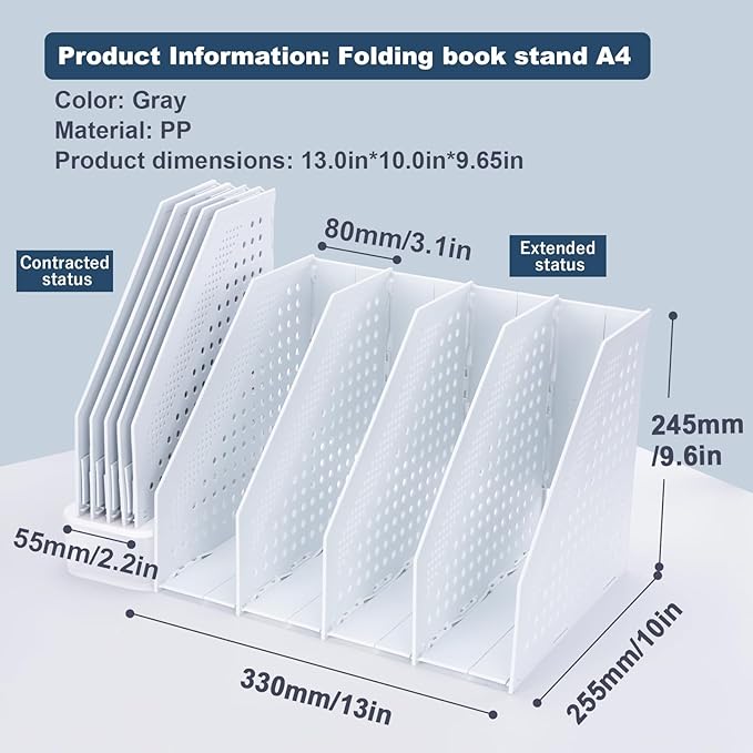 FRETONBA Collapsible Magazine File Holder with 4 Vertical Compartments Foldable Binder Holder for Desk Binder Storage Organizer Plastic Magazine Holders for Shelf, Light Gray