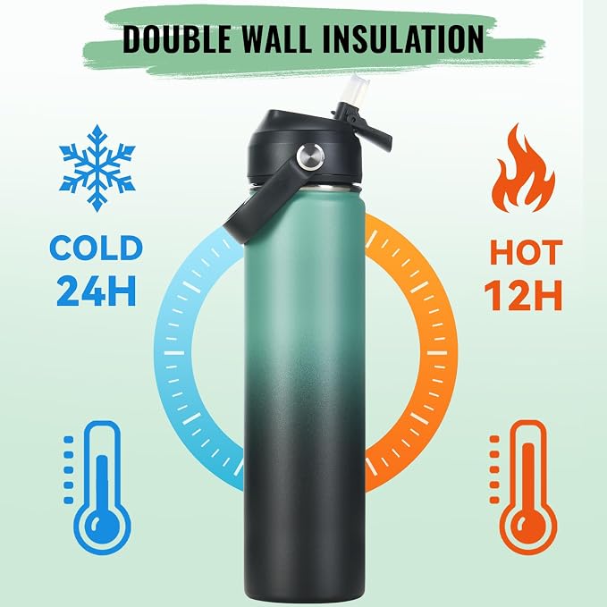 Fijinhom 24oz Insulated Stainless Steel Water Bottle, Wide Mouth Double Wall Vacuum, Silicone Straw, Sweat & Leak Proof, BPA Free Insulated Water Flask for Travel, Keep Cold 24h Hot 12h, Green & Black