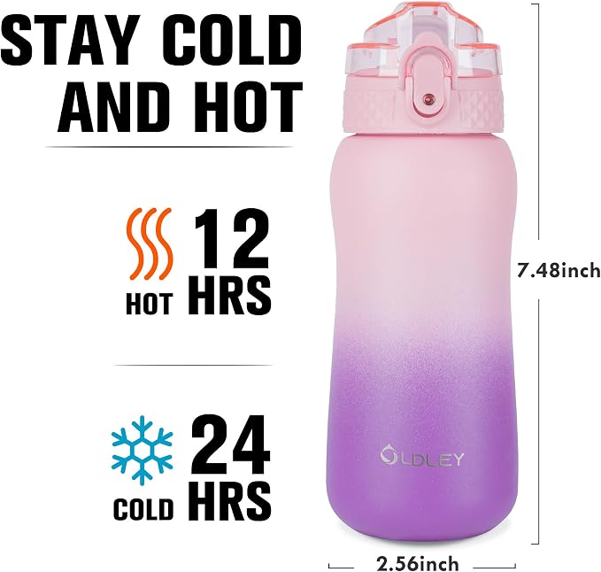 Oldley Insulated Water Bottle 12oz Kids Water Bottles with Straw, Stainless Steel Water Bottle with 2 Lids,Double Wall Vacuum Bottle, Leak-Proof Sport Bottles for School Travel, Ombre Pink-Purple