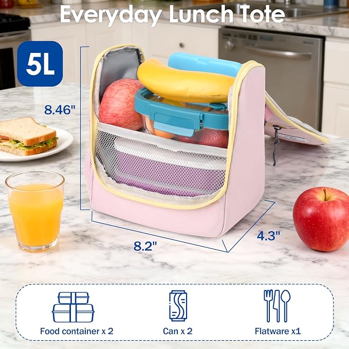 Genteen Large Kids Insulated Lunch Box for Boys Girls,Back to School,Office | Thermal Meal Tote Kit,Soft Reusable Lunch Bag,Leakproof,Double Zipper,for Work Outdoor,Yellow Pink