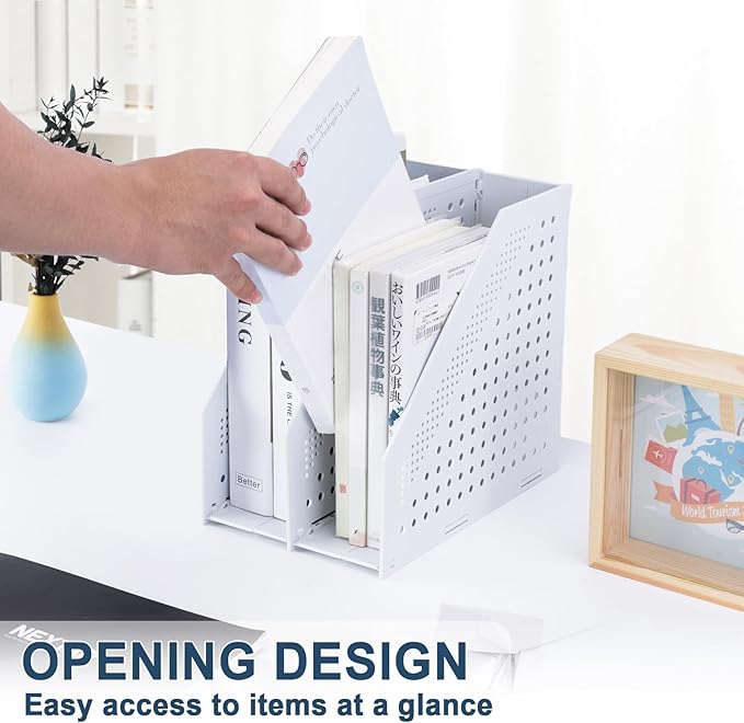 FRETONBA Collapsible Magazine File Holder with 2 Vertical Compartments Foldable Binder Holder for Desk Binder Storage Organizer Plastic Magazine Holders for Shelf, Light Gray