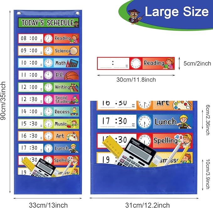 Daily Schedule Pocket Chart Kit,40 Bright Attractive Double-Sided Reusable Erasable Cards,1 Title Card,13+1 Scheduling Pocket Chart with 2 Hangers for Classroom Office Home Preschool Learning (Blue)