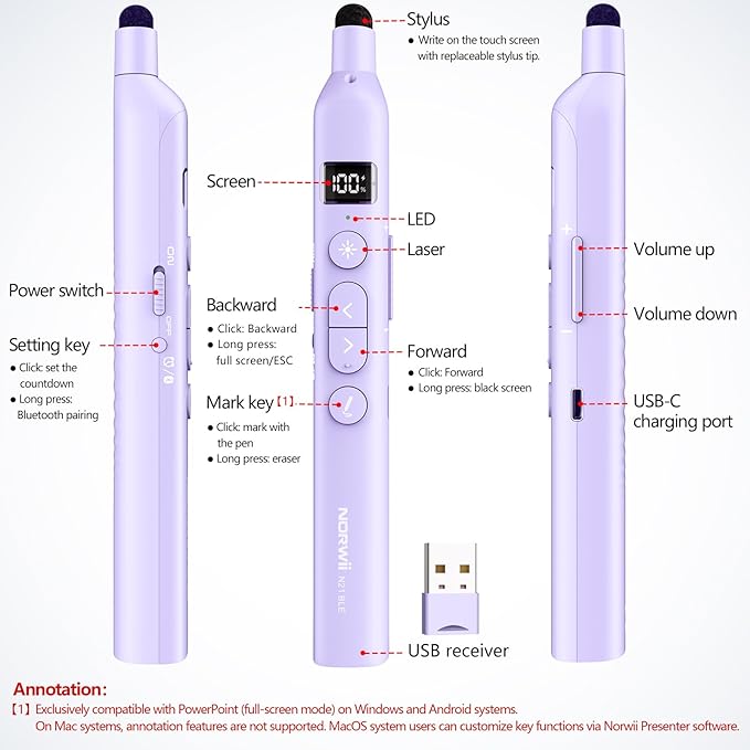 Norwii N21 Bluetooth Presentation Clicker with Telescopic Teaching Pointer, Presentation Remote with Retractable Stick for PowerPiont, Wireless Presenter, Slide Advancer - Purple