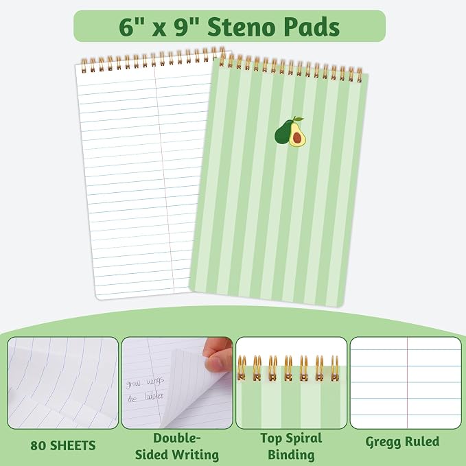 Thboxes 10 Pack 6 x 9 Steno Pads Top Spiral Notebook 5 Color Fruit Covers, White Paper with Double-sided Ruled Printing,80 Sheets Per Pad, for School, University, College, Work, Office.