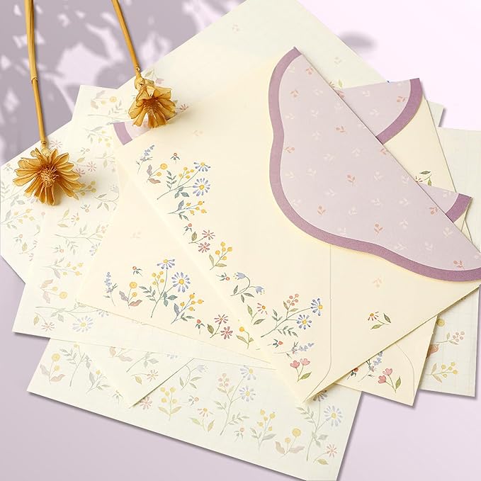 37 Pcs Stationery Paper Envelopes Set Includes 24 Lined Writing Paper & 12 Envelopes with 48 Round Stickers, Cute Bear Flower Cat Letter Writing and Stationery Paper Envelopes(4Style)