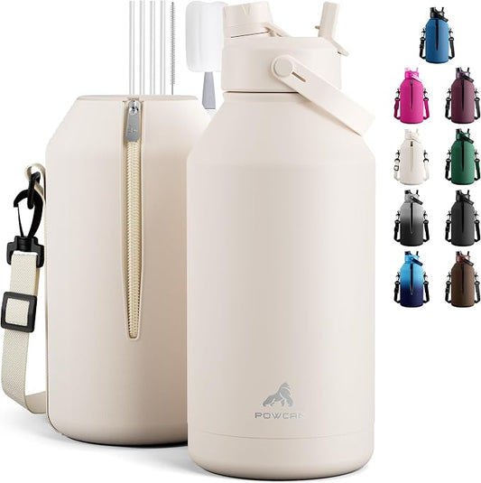 POWCAN 64 oz Water Bottle Insulated with 2-in-1 Straw and Spout Lid, Carrier Bag, Handle Strap, Leakproof, BPA-Free, Half Gallon Metal Water Bottle for Camping, Picnic and Hydration (Cream)