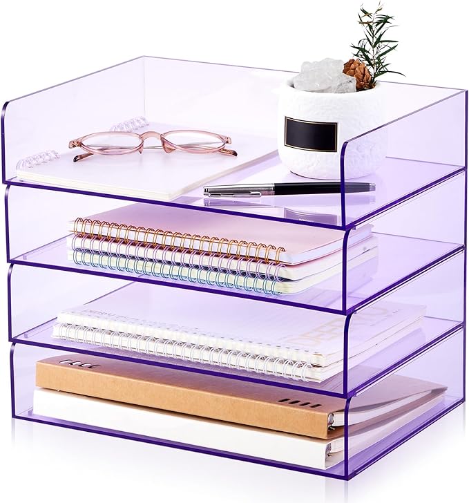 Harloon 4 Tier Clear Purple Acrylic Paper Organizer Letter Tray, Aesthetic Stackable Desk File Organizer Paper Holder Office Tray for A4, Modern Classroom Home Office File Pad Books Notes