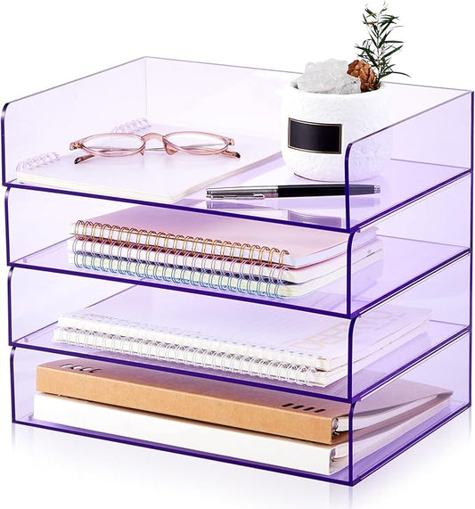 Harloon 4 Tier Clear Purple Acrylic Paper Organizer Letter Tray, Aesthetic Stackable Desk File Organizer Paper Holder Office Tray for A4, Modern Classroom Home Office File Pad Books Notes