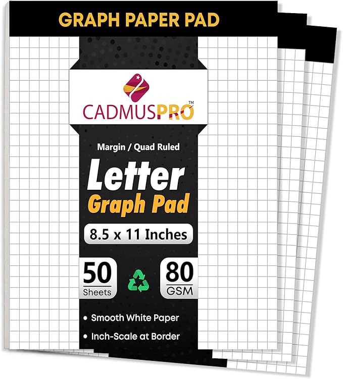 Graph Paper Pads 8.5x11 Inch, 3 Pack 150 Sheets, Double-Sided 80 GSM Quadrille Grid Math Notebook Paper for Students, Engineering, Drafting and Architecture