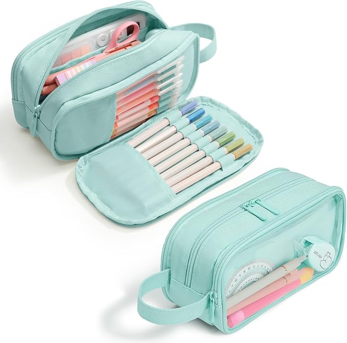 SUNEE Large Capacity Pencil Case with 3 Compartment, Extra Big Pencil Pouch, Pencil Bag with Clear Window, Pen Case School Supplies for Teens Adults Girls Boys, Mint Green