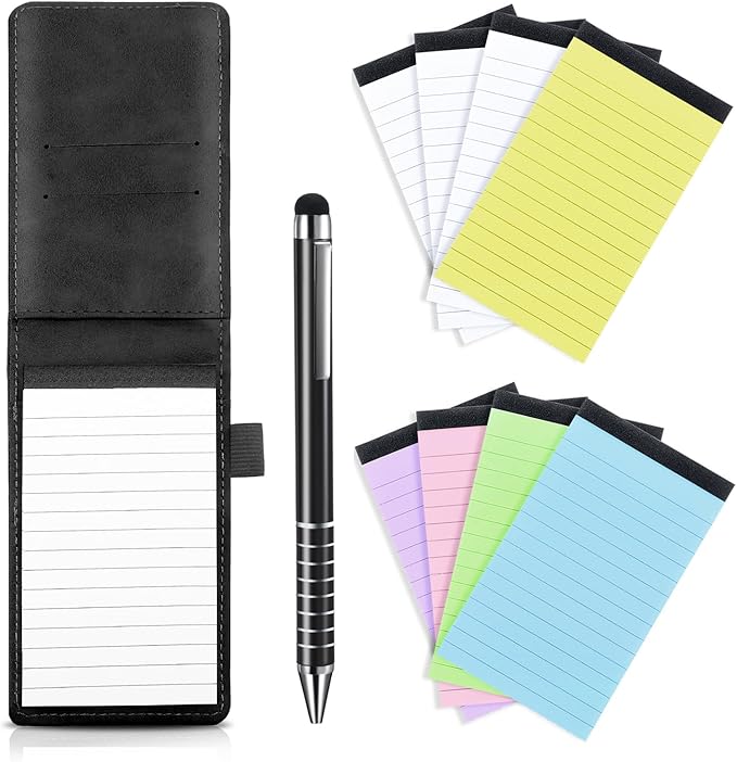 Outus 10 Pcs Mini Pocket Notepad Holder Set Included Mini Pocket Notepad Holder with 50 Lined Sheets, Metal Pen, 8 Pcs 3 x 5 Inch Memo Book Refills, 30 Lined Paper Per Note Pad (Black,Multicolor)