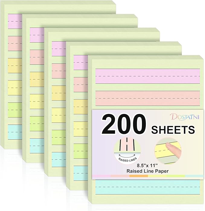 Kindergarten Writing Paper with Lines Wide Ruled Primary Writing Paper Raised Line Paper 8.5”x11” Spacing Colored Tactile Paper for Kids Multi-Sensory Ruled Handwriting Tablet (200)