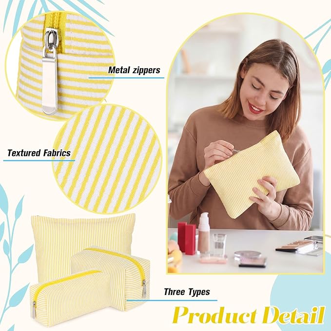 Huhumy 3 Pcs Makeup Bag Set Cute Stripe Cosmetic Pouch for Women Aesthetic Seersucker Travel Toiletry Bag Set Preppy Small Makeup Purse Pouch Cosmetic Organizer Pencil Case with Zipper(Yellow)