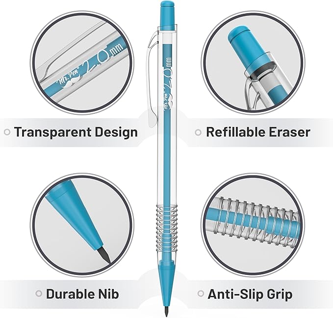 Mr. Pen- Pastel Mechanical Pencil Set, 5 Mechanical Pencils (0.3, 0.5, 0.7, 0.9, 2.0mm), 5 HB Lead Refills & 10 Eraser Refills, Precision Drawing Pencils for Sketching, Writing & Technical Artwork