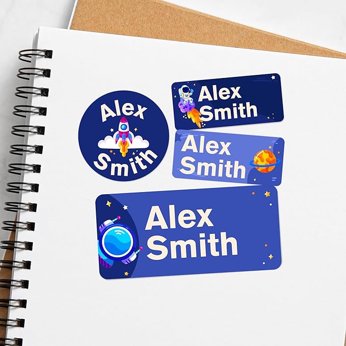 EGD Personalized Name Tag Stickers for Kids (130+ Pack) | Space-Themed Waterproof Labels for School Supplies, Bottles & Lunch Boxes | Custom Vinyl Name Labels for Clothing, Toys & More (B. Space)
