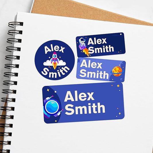 EGD Personalized Name Tag Stickers for Kids (130+ Pack) | Space-Themed Waterproof Labels for School Supplies, Bottles & Lunch Boxes | Custom Vinyl Name Labels for Clothing, Toys & More (B. Space)