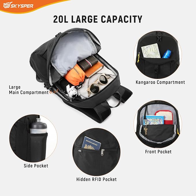 SKYSPER Small Packable Hiking Backpack 20L Anti-theift Travel Daypack | RFID Ultralight Foldable Walking Backpack with Water Bottle Holder, Nylon, Multi-compartment, Everyday Carry for Men Women