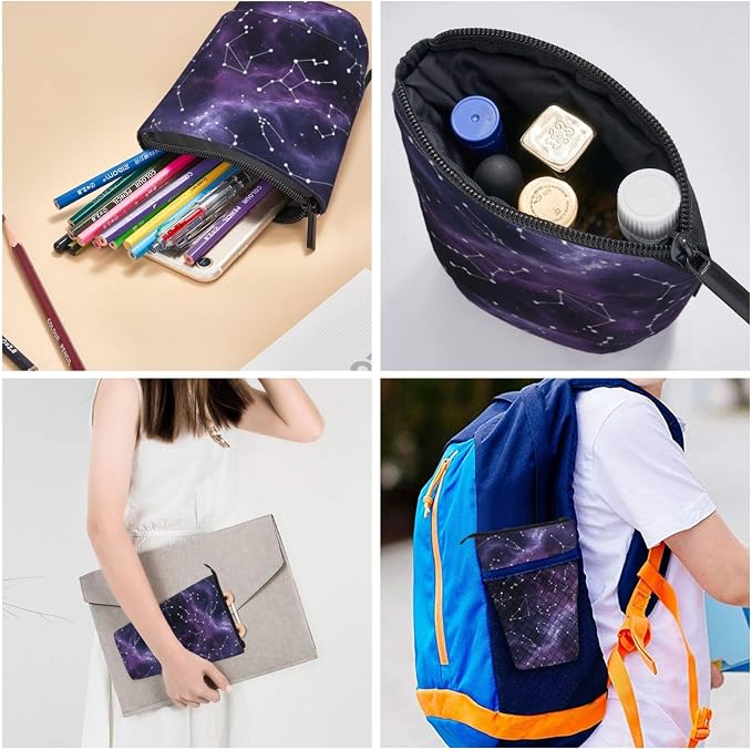 Purple Constellation Standing Pencil Case Cute Telescopic Stationary Pouch with Zipper Large Capacity Stand up Pen Bag Portable Makeup Holder for School Office Supplies
