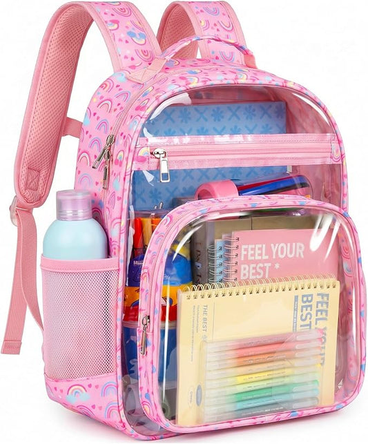 Soimeat Clear Backpack for Girls - Kids Clear Bookbag - Fabric & PVC Transparent Backpacks for Elementary School, Pink Rainbow