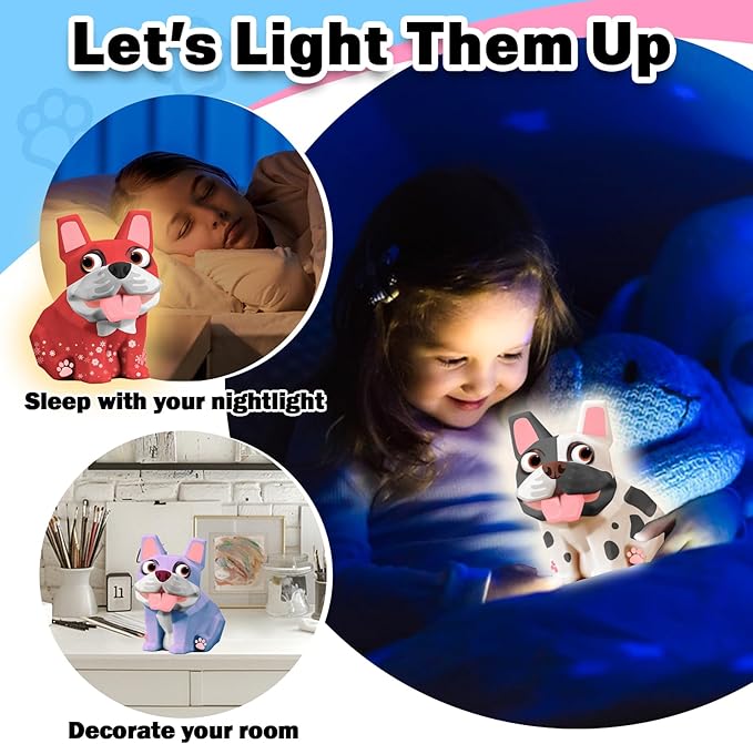 FUNZBO Paint Your Own Dog French Bulldog Lamp Kit - Arts and Crafts Supplies Painting for Kids Teens, DIY Night Light Dog Toy for Girl Boy 3 4 5 6 7 8 9 10 11 12 Birthday Gifts