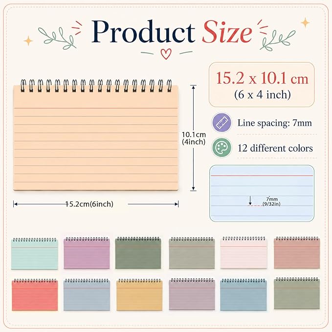 12 Packs Large Index Cards with Ring set 4x6 Colored College Ruled Notecards with Waterproof Covers Spiral Flashcards Spiral Index Card Set for Studying School Office Home Supplies(Vintage)