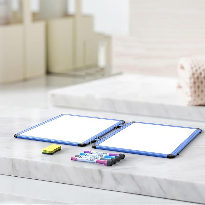 Dry Erase Board, 17x13 inch with 4 Sides Magnetic Whiteboard, A3 Foldable Small White Board with Lines, Perfect for Office, School, and Home. (Blue)